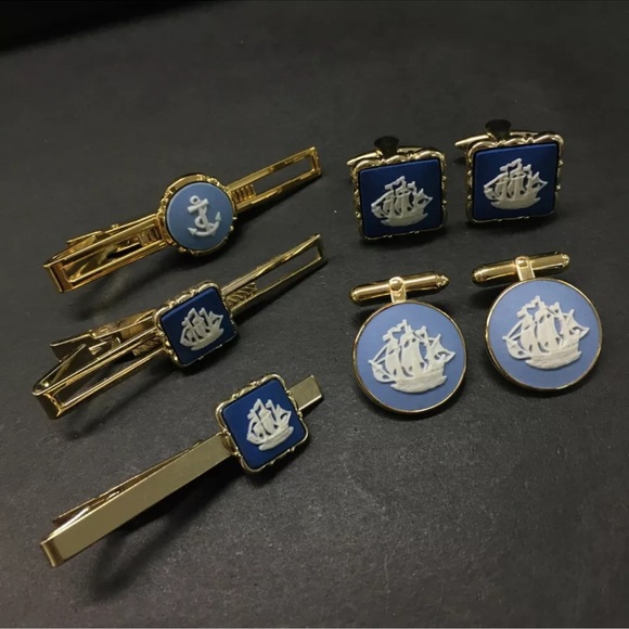 WEDGWOOD Gold Tone Tie Pin Clip Cufflinks Set of 5 - Picture 2 of 8